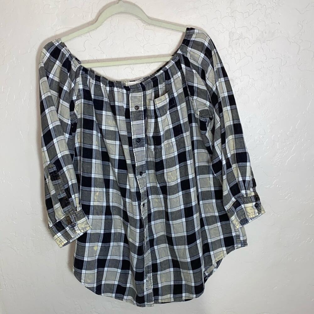 Urban Renewal green plaid distressed off the shoulder tunic top